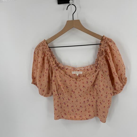 LoveShackFancy 100% Silk Floral Puff Sleeve Crop Top Size L Peasant Blouse - Picture 1 of 9